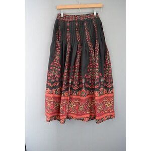 Sundance Skirt Small Black Red Floral Block Print Pleated Midi Boho Womens